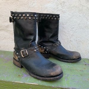 Frye Rogan Distressed Studded Moto Boots M7 W9
